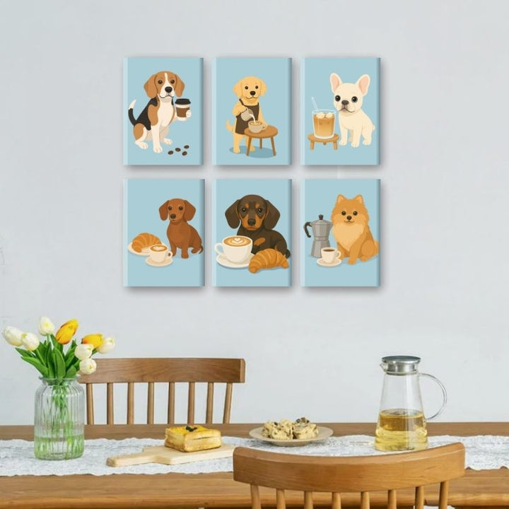 6 Mini-Gemälde | Hunde & Kaffee Set
