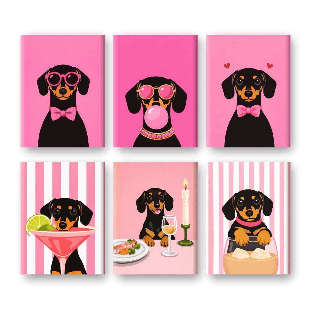 6 Mini-Gemälde | Rosa Dackel Set