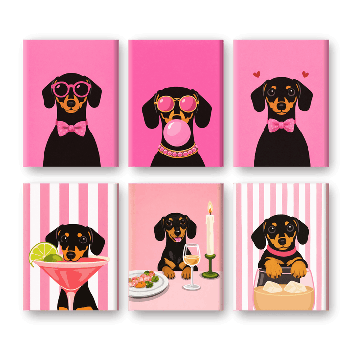 6 Mini-Gemälde | Rosa Dackel Set