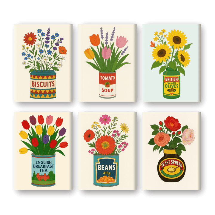 6 Mini-Gemälde | Blumen in Dosen Set