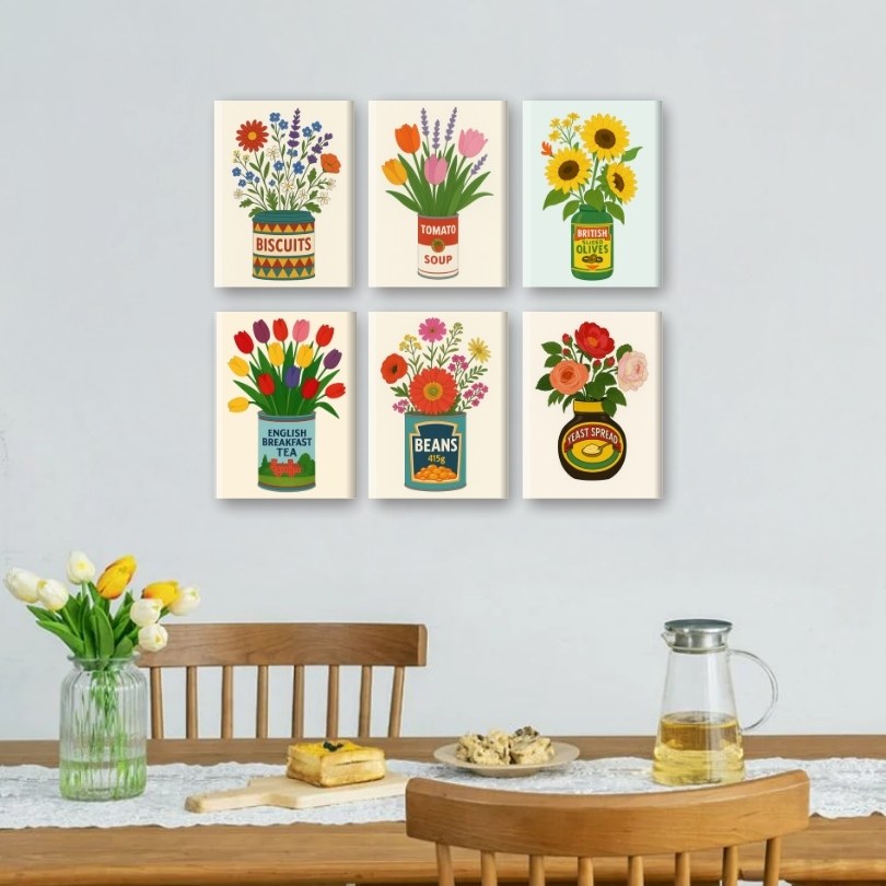 6 Mini-Gemälde | Blumen in Dosen Set
