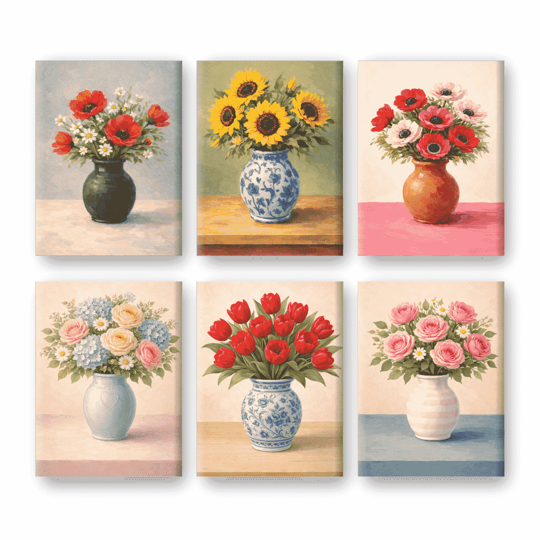 6 Mini-Gemälde | Blumen in Vasen Set
