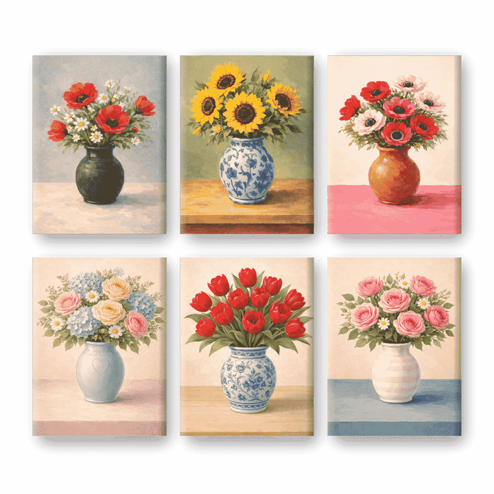 6 Mini-Gemälde | Blumen in Vasen Set