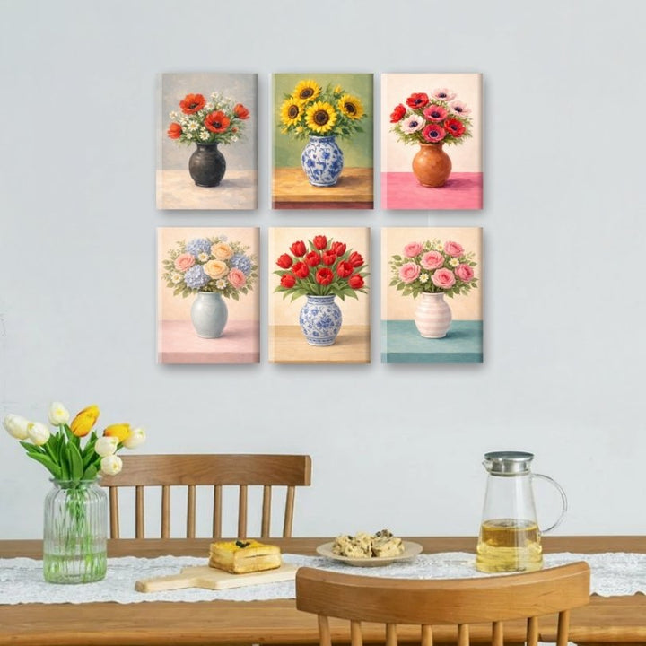 6 Mini-Gemälde | Blumen in Vasen Set
