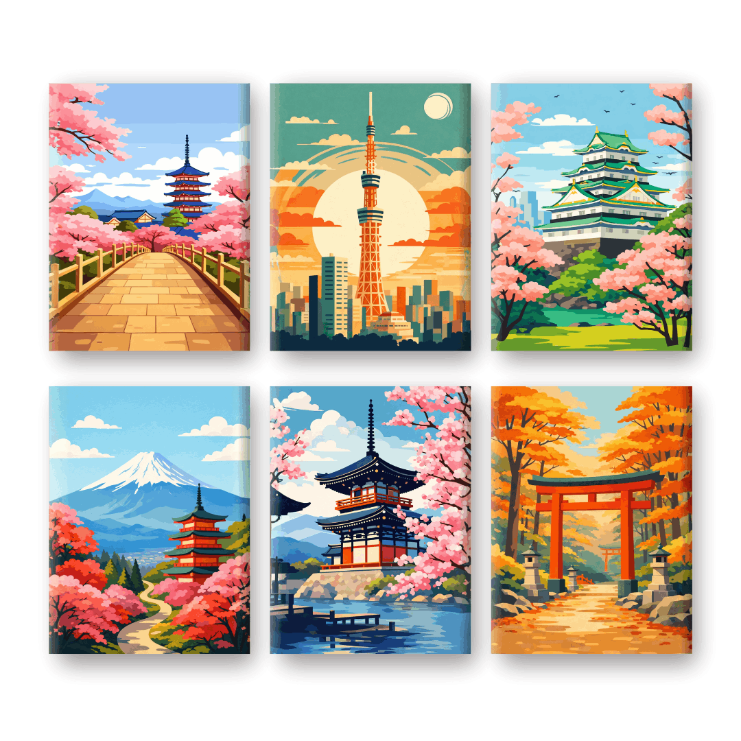 6 Mini-Gemälde | Japanische Landschaften Set