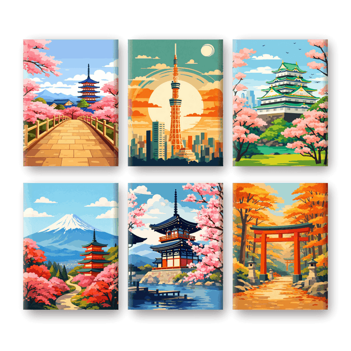 6 Mini-Gemälde | Japanische Landschaften Set