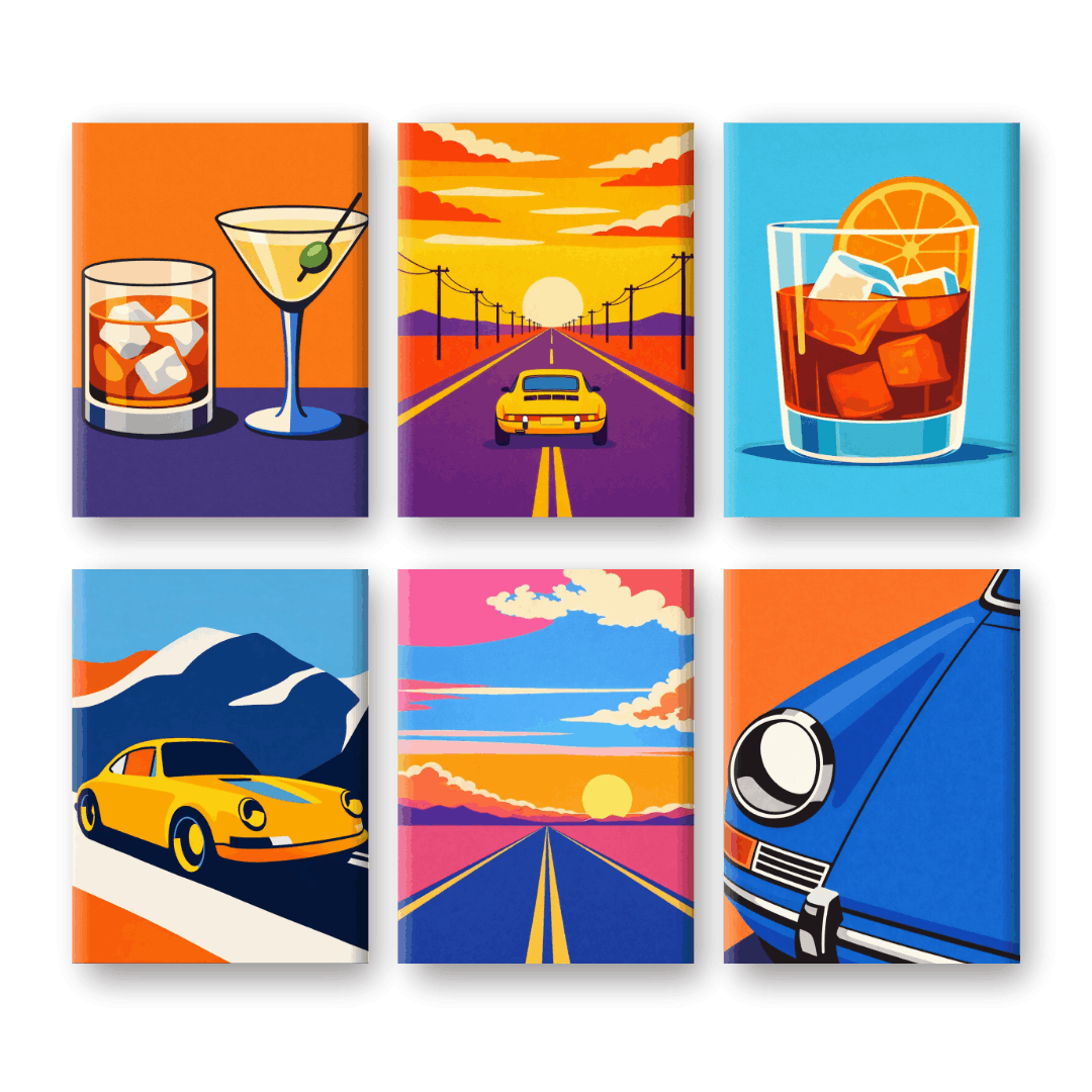 6 Mini-Gemälde | Roadtrips & Getränke Set