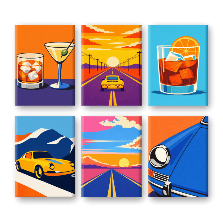 6 Mini-Gemälde | Roadtrips & Getränke Set
