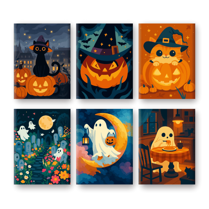 Malen nach Zahlen – 6 Mini-Gemälde | Gruseliges Halloween-Set