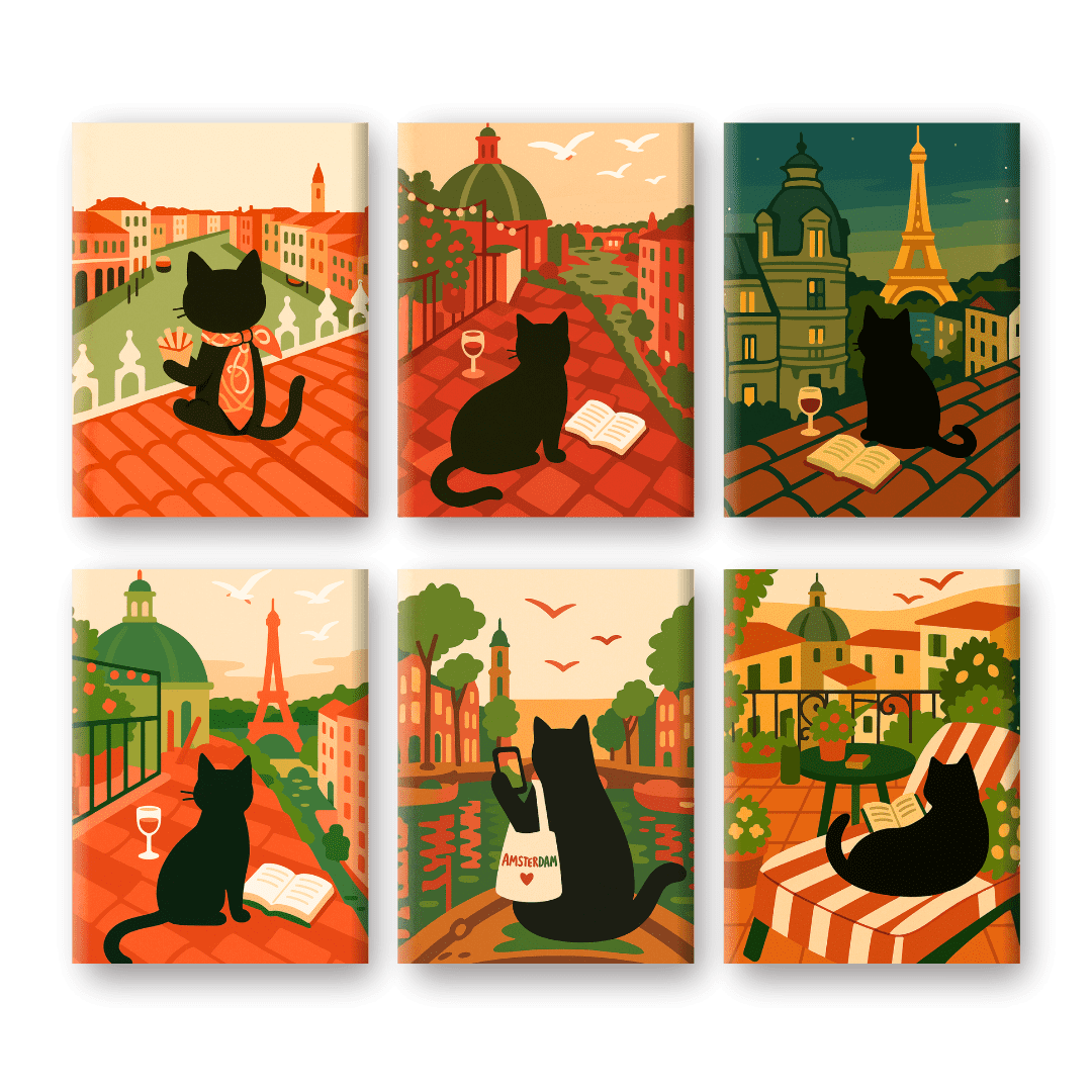 6 Mini-Gemälde | Das reisende-Katze Set