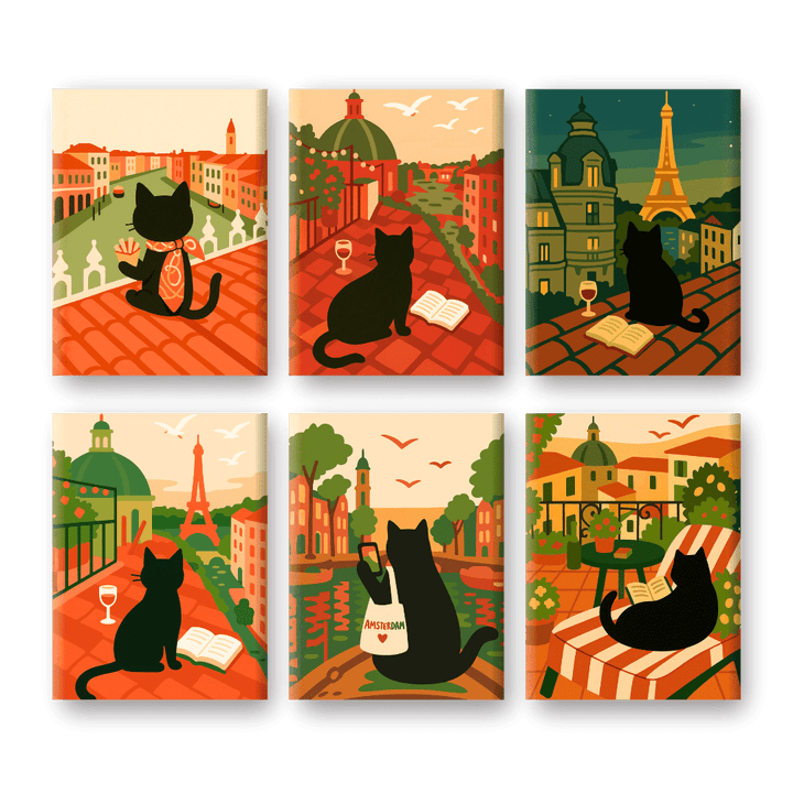 6 Mini-Gemälde | Das reisende-Katze Set