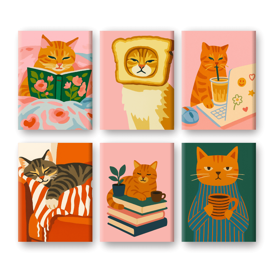 6 Mini-Gemälde | Müde Katzen Set