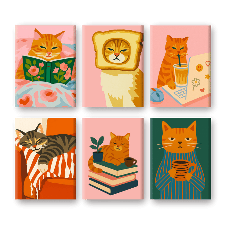 6 Mini-Gemälde | Müde Katzen Set