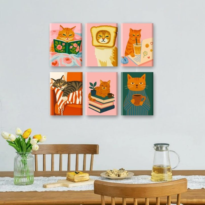 6 Mini-Gemälde | Müde Katzen Set