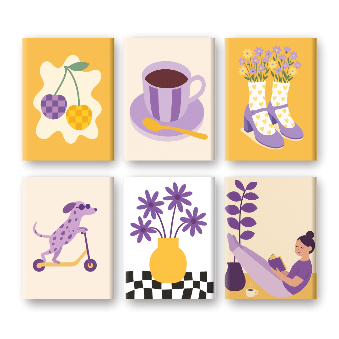 6 Mini-Gemälde | Gelbe und Violette Vibes Set