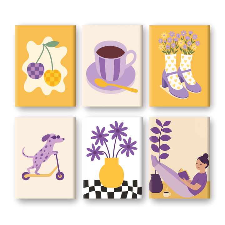 6 Mini-Gemälde | Gelbe und Violette Vibes Set