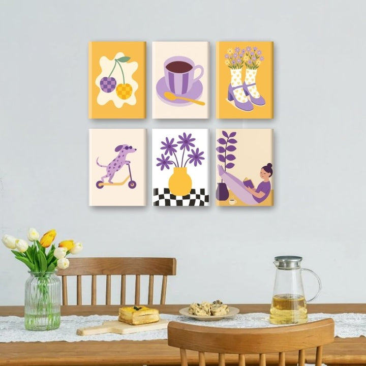 6 Mini-Gemälde | Gelbe und Violette Vibes Set
