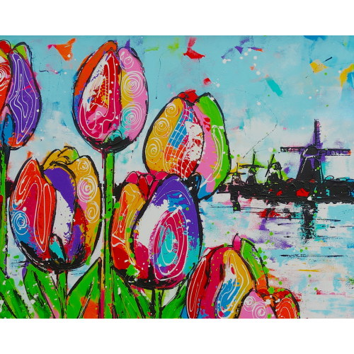 Fröhliche Malerei - Tulpen und Mühle