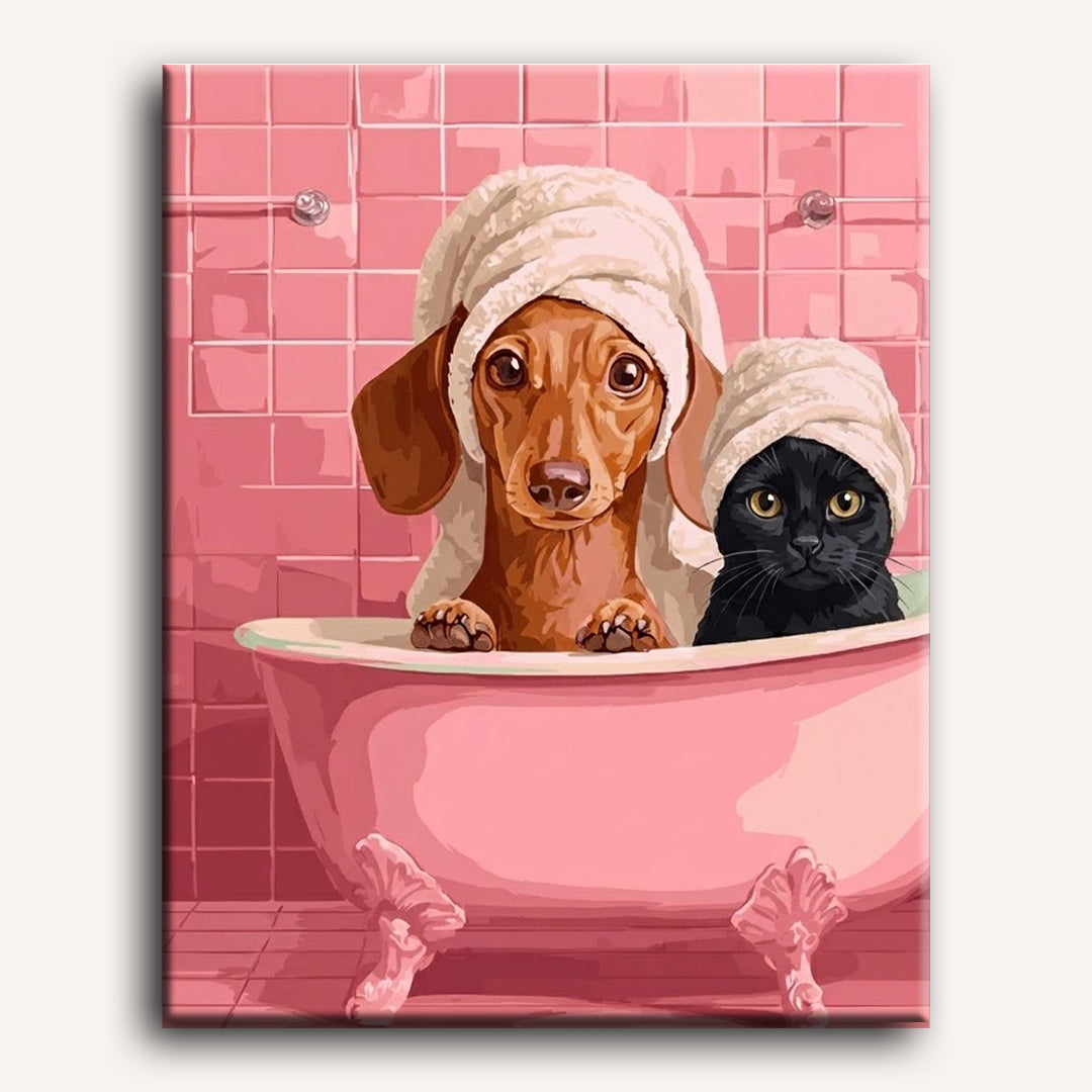 Malen nach Zahlen - Dackel & Katze im Bad