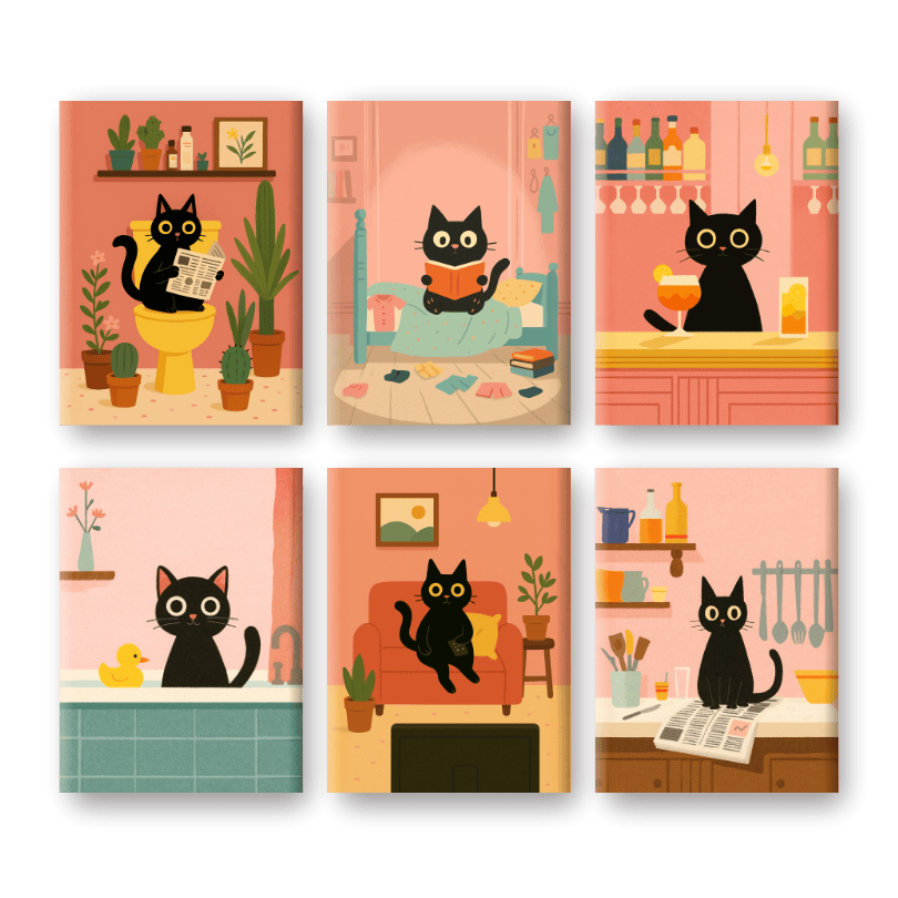 Malen nach Zahlen – 6 Mini-Gemälde | Das Schwarze-Katze-Set