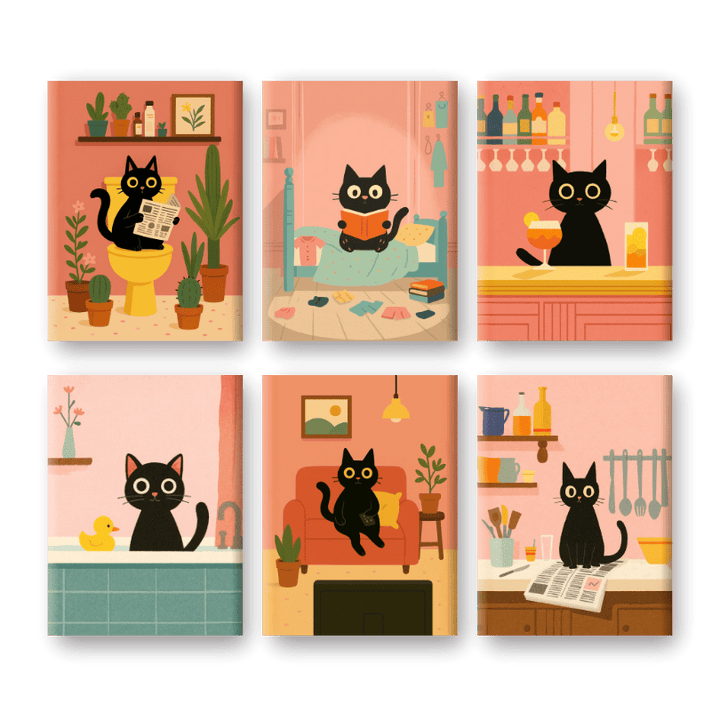 Malen nach Zahlen – 6 Mini-Gemälde | Das Schwarze-Katze-Set