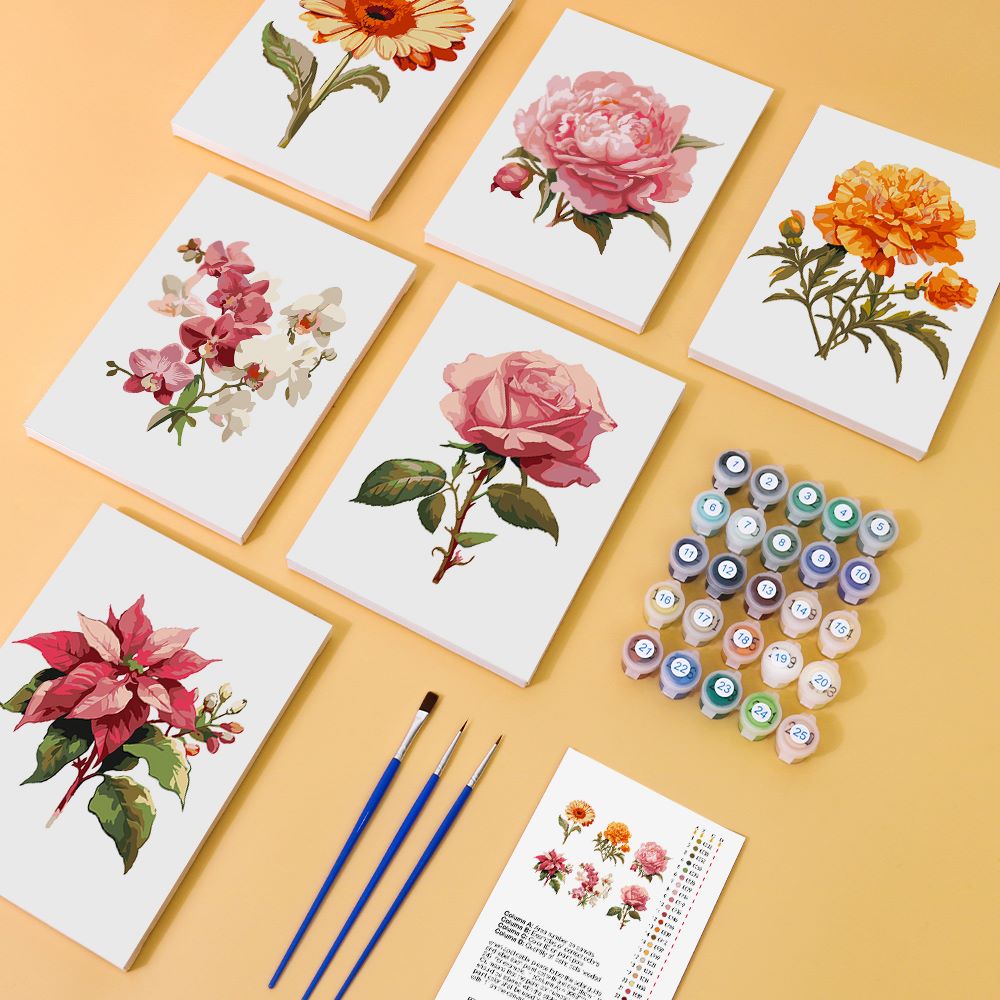 Malen nach Zahlen - 6 Mini-Gemälde | Blumen-set