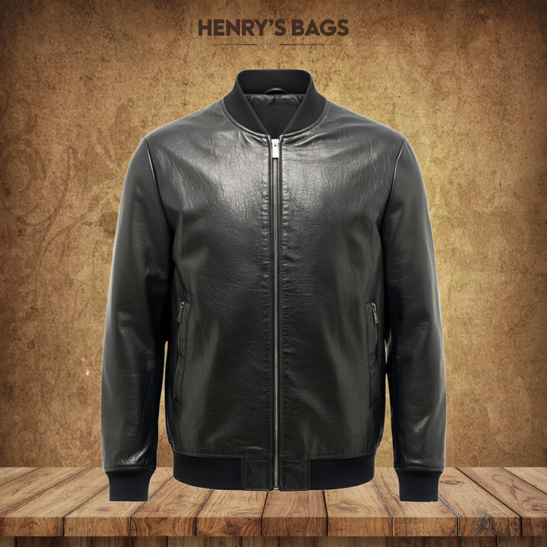 Raymund | Zip-Up Black Bomber Leather Jacket