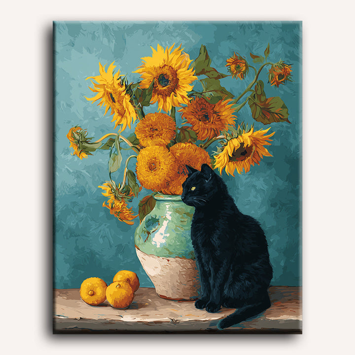 Malen nach Zahlen - Berühmte Sonnenblumen und eine schwarze Katze